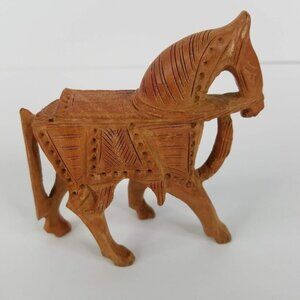 Handcrafted 4" Wooden Horse Figurine With Intricate Tribal Carvings